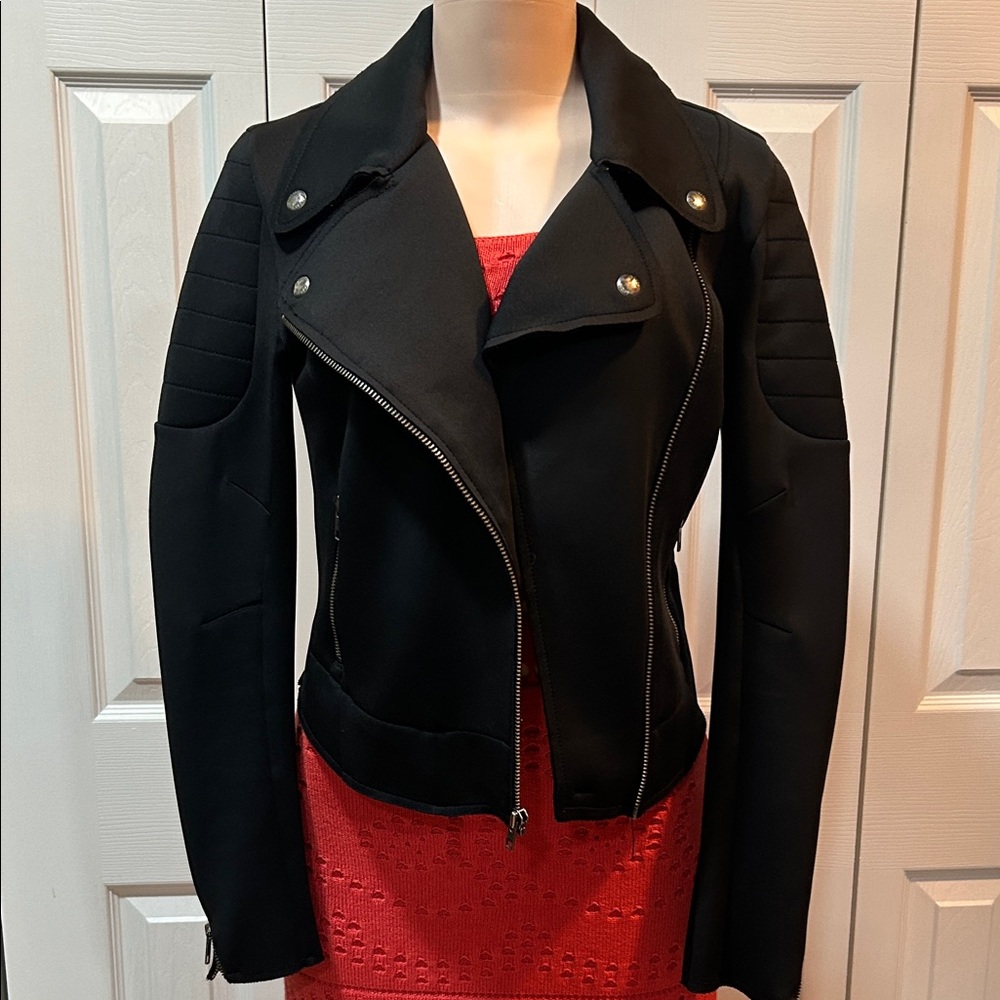 Guess Black Women's Moto Jacket with Quilted Sleeve Detail